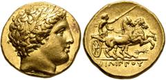 Greek KINGS OF MACEDON. Philip II, 359-336 BC. Stater (Gold, 18 mm, 8.59 g, 1 h), Pella, struck under Philip II or Alexander III, circa 340/36-328. Laureate head of Apollo to right. Rev. ΦΙΛΙΠΠOY Char