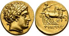 Greek KINGS OF MACEDON. Philip II, 359-336 BC. Stater (Gold, 19 mm, 8.63 g, 11 h), Pella, struck under Philip II or Alexander III, circa 340/36-328. Laureate head of Apollo to right. Rev. ΦΙΛΙΠΠOY Cha
