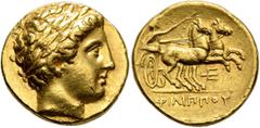 Greek KINGS OF MACEDON. Philip II, 359-336 BC. Stater (Gold, 18 mm, 8.58 g, 9 h), Pella, struck under Philip II or Alexander III, circa 340/36-328. Laureate head of Apollo to right. Rev. ΦΙΛΙΠΠOY Char