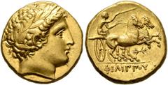 Greek KINGS OF MACEDON. Philip II, 359-336 BC. Stater (Gold, 18 mm, 8.65 g, 12 h), Pella, struck under Philip II or Alexander III, circa 340/36-328. Laureate head of Apollo to right. Rev. ΦΙΛΙΠΠOY Cha