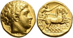 Greek KINGS OF MACEDON. Philip II, 359-336 BC. Stater (Gold, 17 mm, 8.63 g, 6 h), Amphipolis, struck under Philip II or Alexander III, circa 340/36-328. Laureate head of Apollo to right. Rev. [ΦΙ]ΛΙΠΠ