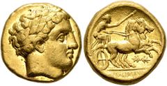 Greek KINGS OF MACEDON. Philip II, 359-336 BC. Stater (Gold, 16 mm, 8.60 g, 1 h), Pella, struck under Antipater or Polyperchon under Philip III, circa 323-318/7. Laureate head of Apollo to right. Rev.