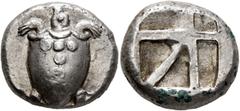 Greek ISLANDS OFF ATTICA, Aegina. Circa 480-457 BC. Stater (Silver, 21 mm, 12.37 g). Sea turtle seen from above, head in profile, with thick collar and row of dots down its back. Rev. Square incuse wi