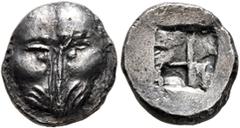 Greek CIMMERIAN BOSPOROS. Pantikapaion. Circa 480-470 BC. Triobol (Silver, 13 mm, 2.41 g). Facing head of a lion. Rev. Quadripartite incuse square. Frolova Type I. HGC 7, 31. MacDonald 1/5. SNG BM Bla