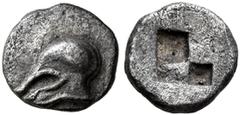 Greek TROAS. Neandria (?). Late 6th to early 5th century BC. Hemiobol (Silver, 6 mm, 0.23 g, 11 h). Crestless Corinthian helmet to left. Rev. Quadripartite incuse square. Nomos 26 (2023), 410. Rosen -