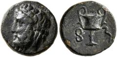 Greek LYDIA. Sardes. 4th century BC. Chalkous (Bronze, 11 mm, 1.60 g, 11 h). Head of Dionysos to left, wearing wreath of ivy and fruit. Rev. 𐤮- 𐤱 ('s-f' in Lydian) Kantharos. Brackmann, Autonome Cha