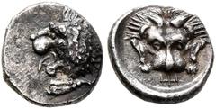 Greek CARIA. Mylasa. Circa 420-390 BC. Obol (Silver, 9 mm, 0.80 g, 9 h), Milesian standard. Forepart of a roaring lion to right, head turned back to left. Rev. 𐤷 ('w' or 'y' in Carian) Facing forepar