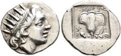 Greek ISLANDS OFF CARIA, Rhodos. Rhodes. Circa 88-84 BC. Drachm (Silver, 15 mm, 2.22 g, 12 h), 'Plinthophoric' coinage, Nikephoros, magistrate. Radiate head of Helios to right. Rev. ΝΙΚΗΦΟΡΟΣ / P - O 