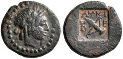 Greek LYCIA. Kragos. 1st century BC. Half Unit (Bronze, 15 mm, 2.81 g, 12 h), Late 30s - 27 BC. Δ - Ι Laureate head of Apollo right. Rev. ΛYKI / K - P Crossed bow and quiver within incuse square. RPC 