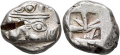 Greek LYCIA. Phaselis. Circa 530-500 BC. Stater (Silver, 21 mm, 10.94 g). Prow of a galley to right, terminating in a boar's forepart; below, small dolphin right. Rev. Incuse square divided by irregul