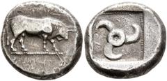 Greek DYNASTS OF LYCIA. Uncertain dynast, circa 500-470/60 BC. Stater (Silver, 20 mm, 8.30 g). Bull standing to right; around, traces of a Lycian inscription (?). Rev. Triskeles. Mørkholm & Zahle -. M
