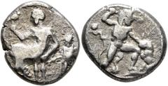 Greek CYPRUS. Kition (?). Circa mid to late 5th century BC. Stater (Silver, 21 mm, 10.58 g, 3 h). Male figure seated to left on throne, holding scepter surmounted by a bird in his right hand and placi