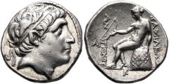 Greek SELEUKID KINGS OF SYRIA. Antiochos I Soter, 281-261 BC. Drachm (Silver, 18 mm, 4.13 g, 1 h), Magnesia on the Maeander. Diademed head of Antiochos I to right. Rev. BAΣIΛEΩΣ - ANTIOXOY Apollo seat