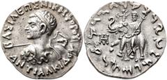 Oriental Greek BAKTRIA, Indo-Greek Kingdom. Antialkidas, circa 130-120 BC. Tetradrachm (Silver, 27 mm, 9.85 g, 12 h), Indian standard, Kapisa (?). ΒΑΣΙΛΕΩΣ ΝΙΚΗΦΟΡΟΥ - ΑΝΤΙΑΛΚΙΔΟΥ Diademed heroic bust
