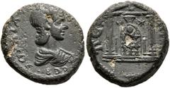 Roman Provincial PAMPHYLIA. Perge. Julia Maesa, Augusta, 218-224/5. Assarion (Bronze, 16 mm, 5.56 g, 1 h). ΙΟΥΛΙΑ [ΜΑΙϹΑ] ϹЄΒ Draped bust of Julia Maesa to right. Rev. ΠЄ[ΡΓΑΙΩΝ] Distyle aedicula; wit