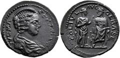Roman Provincial PISIDIA. Olbasa. Julia Maesa, Augusta, 218-224/5. Triassarion (Bronze, 25 mm, 7.65 g, 12 h). IVL MAESAM AVG Draped bust of Julia Maesa to right. Rev. COL IVL AVG OLBASE Asklepios stan