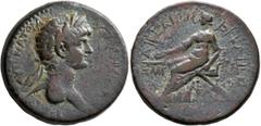 Roman Provincial CILICIA. Aegeae. Trajan, 98-117. Tetrassarion (Bronze, 30 mm, 22.16 g, 1 h), CY 145 = 98/9. ΑΥΤΟΚΡΑΤΟΡΑ ΤΡΑΙΑΝΟΝ ΚΑΙϹΑΡΑ Laureate head of Trajan to right. Rev. ΑΙΓΕΑΙΩΝ ΕΚΚΛΗϹΙΑ Ekkle