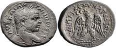 Roman Provincial CYPRUS. Koinon of Cyprus. Caracalla, 198-217. Tetradrachm (Billon, 29 mm, 12.00 g, 12 h), 215-217. ΑΥΤ ΚΑΙ ΑΝΤⲰΝΙΝΟC CЄ[B] Laureate head of Caracalla to right. Rev. ΔΗΜΑΡΧ ЄΞ ΥΠΑΤΟC Τ