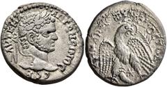 Roman Provincial SYRIA, Seleucis and Pieria. Antioch. Caracalla, 198-217. Tetradrachm (Billon, 28 mm, 13.45 g, 12 h), 215-217. ΑΥΤ Κ Μ Α ΑΝΤΩΝЄΙΝΟC CЄΒ aureate head of Caracalla to right. Rev. ΔΗΜΑΡΧ 