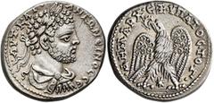 Roman Provincial SYRIA, Seleucis and Pieria. Laodicea ad Mare. Caracalla, 198-217. Tetradrachm (Billon, 27 mm, 12.69 g, 12 h), 212-213. ΑΥΤ•ΚΑΙ•ΑΝΤΩΝЄΙΝΟC CЄ Laureate, draped and cuirassed bust of Car