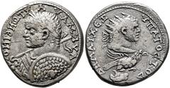 Roman Provincial PHOENICIA. Aradus. Caracalla, 198-217. Tetradrachm (Billon, 27 mm, 11.76 g, 11 h), 215-217. AY K M AY ANTONЄINOC Laureate and cuirassed bust of Caracalla to left, holding spear over h