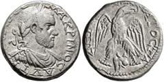 Roman Provincial PHOENICIA. Aradus. Macrinus, 217-218. Tetradrachm (Billon, 26 mm, 12.22 g, 12 h). AYT K[ΑΙ•M•Ο•CЄ] MAKPINOC C Laureate and draped bust of Macrinus to right. Rev. ΔHMAPX ЄΞ YΠATOC T A 