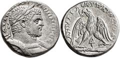 Roman Provincial PHOENICIA. Tyre. Caracalla, 198-217. Tetradrachm (Billon, 26 mm, 13.00 g, 5 h), 213-217. ΑΥΤ ΚΑΙ ΑΝΤⲰ]ΝΙΝΟC CЄ Laureate and cuirassed bust of Caracalla to right. Rev. •ΔHMAPX•ЄΞ•YΠATO