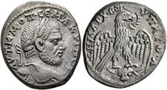Roman Provincial MESOPOTAMIA. Carrhae. Macrinus, 217-218. Tetradrachm (Billon, 26 mm, 12.20 g, 11 h). AYT•K•M•OΠ•CЄ•MAKPINOC CЄB Laureate head of Macrinus to right. Rev. ΔHMAPX•ЄΞ•YΠATO•A Eagle with s