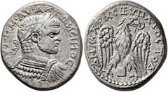 Roman Provincial MESOPOTAMIA. Edessa. Caracalla, 198-217. Tetradrachm (Billon, 26 mm, 13.39 g, 12 h), 215-217. ΑΥΤ•Κ•Μ•ΑΥ•ΑИΤΩИЄΙИΟC CЄΒ Laureate and cuirassed bust of Caracalla to right, seen from be