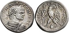 Roman Provincial MESOPOTAMIA. Edessa. Caracalla, 198-217. Tetradrachm (Billon, 26 mm, 12.46 g, 11 h), 215-217. ΑΥΤ•Κ•Μ•ΑΥ•ΑИΤΩИЄΙИΟC CЄΒ Laureate and cuirassed bust of Caracalla to right, seen from be