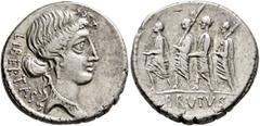Roman Republican & Imperatorial M. Junius Brutus, 54 BC. Denarius (Silver, 19 mm, 4.34 g, 1 h), Rome. LIBERTAS Head of Libertas to right, wearing pendant earring and necklace. Rev. BRVTVS The consul L