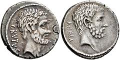 Roman Republican & Imperatorial M. Junius Brutus, 54 BC. Denarius (Silver, 18 mm, 3.73 g, 3 h), Rome. BRVTVS Bearded head of L. Junius Brutus to right. Rev. AHALA Bearded head of C. Servilius Ahala to