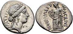 Roman Republican & Imperatorial Man. Acilius Glabrio, 49 BC. Denarius (Silver, 19 mm, 3.64 g, 5 h), Rome. SALVTIS Head of Salus to right, wearing laurel wreath, pendant earring and pearl necklace. Rev