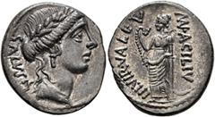 Roman Republican & Imperatorial Man. Acilius Glabrio, 49 BC. Denarius (Silver, 19 mm, 3.72 g, 12 h), Rome. SALVTIS Head of Salus to right, wearing laurel wreath, pendant earring and pearl necklace. Re