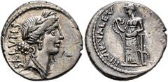Roman Republican & Imperatorial Man. Acilius Glabrio, 49 BC. Denarius (Silver, 18 mm, 3.83 g, 6 h), Rome. SALVTIS Head of Salus to right, wearing laurel wreath, pendant earring and pearl necklace. Rev