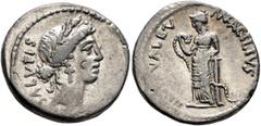 Roman Republican & Imperatorial Man. Acilius Glabrio, 49 BC. Denarius (Silver, 19 mm, 3.63 g, 12 h), Rome. SALVTIS Head of Salus to right, wearing laurel wreath, pendant earring and pearl necklace. Re