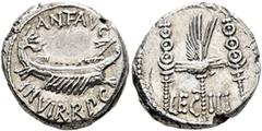 Roman Republican & Imperatorial Mark Antony, 44-30 BC. Denarius (Silver, 16 mm, 3.68 g, 6 h), military mint moving with Mark Antony (Patrae?), 32-31. ANT AVG - III•VIR•R•P•C Galley right, with scepter