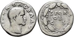 Roman Imperial Galba, 68-69. Denarius (Silver, 18 mm, 3.16 g, 5 h), Rome, 2nd half of June 68-January 69. IMP SER GALBA AVG Bare head of Galba to right. Rev. S P Q R / OB / C S in three lines within o