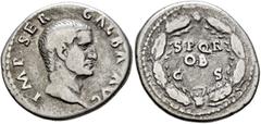 Roman Imperial Galba, 68-69. Denarius (Silver, 20 mm, 3.26 g, 5 h), Rome, 2nd half of June 68-January 69. IMP SER GALBA AVG Bare head of Galba to right. Rev. S P Q R / OB / C S in three lines within o