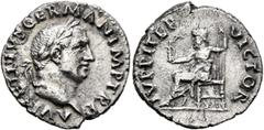 Roman Imperial Vitellius, 69. Denarius (Silver, 19 mm, 3.16 g, 7 h), Rome, 19 April-20 December 69. A VITELLIVS GERMAN IMP TR P Laureate head of Vitellius to right. Rev. IVPPITER VICTOR Jupiter seated