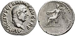 Roman Imperial Vitellius, 69. Denarius (Silver, 20 mm, 3.38 g, 6 h), Rome, 19 April-20 December 69. A VITELLIVS GERM IMP AVG TR P Laureate head of Vitellius to right. Rev. Victory seated left, holding