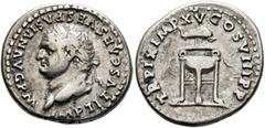 Roman Imperial Titus, 79-81. Denarius (Silver, 18 mm, 3.19 g, 7 h), Rome, January-June 80. IMP TITVS CAES VESPASIAN AVG P M Laureate head of Titus to left. Rev. TR P IX IMP XV COS VIII P P Tripod with