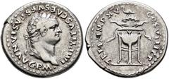 Roman Imperial Titus, 79-81. Denarius (Silver, 18 mm, 3.39 g, 6 h), Rome, January-June 80. IMP TITVS CAES VESPASIAN AVG P M• Laureate head of Titus to right. Rev. TR P IX IMP XV COS XVIII P P Dolphin 