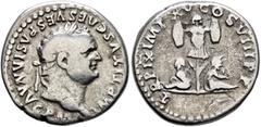 Roman Imperial Titus, 79-81. Denarius (Silver, 17 mm, 3.39 g, 6 h), Rome, 80. IMP TITVS CAES VESPASIAN AVG P M Laureate head of Titus to right. Rev. TR P IX IMP XV COS VIII P P Trophy between Britanni
