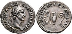 Roman Imperial Nerva, 96-98. Denarius (Silver, 19 mm, 3.37 g, 6 h), Rome, 97. IMP NERVA CAES AVG PM TR POT II Laureate head of Nerva to right. Rev. COS III PATER PATRIAE Simpulum, sprinkler, jug and l