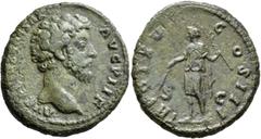 Roman Imperial Marcus Aurelius, as Caesar, 139-161. As (Bronze, 27 mm, 11.30 g, 5 h), Rome, 161. AVRELIVS CAESAR AVG PII F Bare head of Marcus Aurelius to right. Rev. TR POT XV COS III / S - C Marcus 