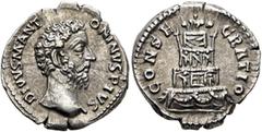 Roman Imperial Divus Marcus Aurelius, died 180. Denarius (Silver, 19 mm, 3.13 g, 6 h), Rome, 180. DIVVS M ANTONINVS PIVS Bare head of Divus Marcus Aurelius to right. Rev. CONSECRATIO Funeral pyre of f
