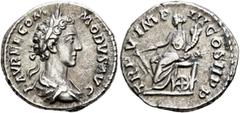 Roman Imperial Commodus, 177-192. Denarius (Silver, 19 mm, 3.34 g, 12 h), Rome, 179-180. L AVREL COMMODVS AVG Laureate and draped bust of Commodus to right, seen from behind. Rev. TR P V IMP III COS I