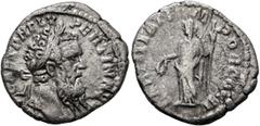Roman Imperial Pertinax, 193. Denarius (Silver, 18 mm, 2.81 g, 6 h), Rome. [IMP] CAES P HELV PERTIN AVG Laureate head of Pertinax to right. Rev. LAETITIA TEMPOR COS II Laetitia standing front, head to