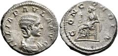 Roman Imperial Julia Paula, Augusta, 219-220. Denarius (Silver, 19 mm, 3.49 g, 6 h), Rome, 220. IVLIA PAVLA AVG Draped bust of Julia Paula to right. Rev. CONCORDIA Concordia seated left, holding pater